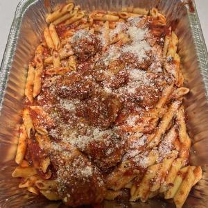 Family Style Penne Marinara with meatballs